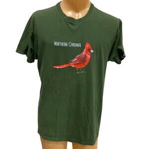 Hand Printed Upcycled Mens Large Wingspan Inspired Northern Cardinal Bird Tee